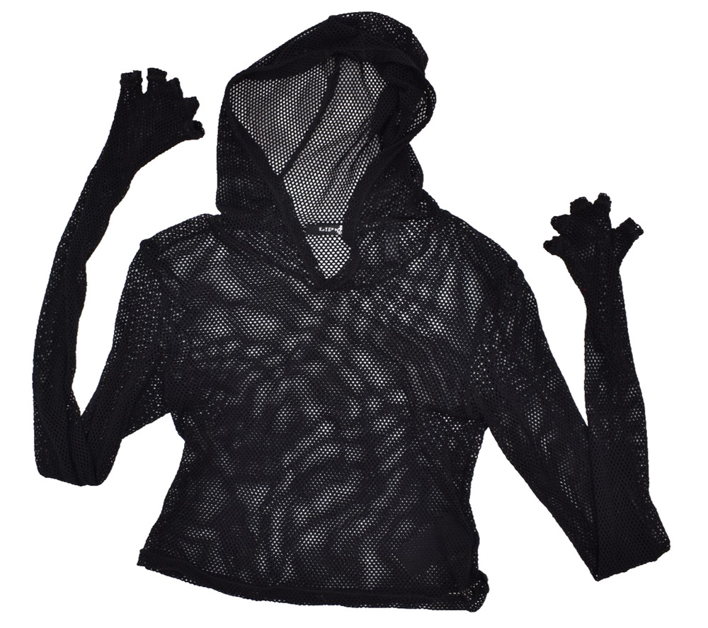 Lip Service Fash-ist Fishnet Black Crop Top Shirt Fingerless Hoodie Goth Large